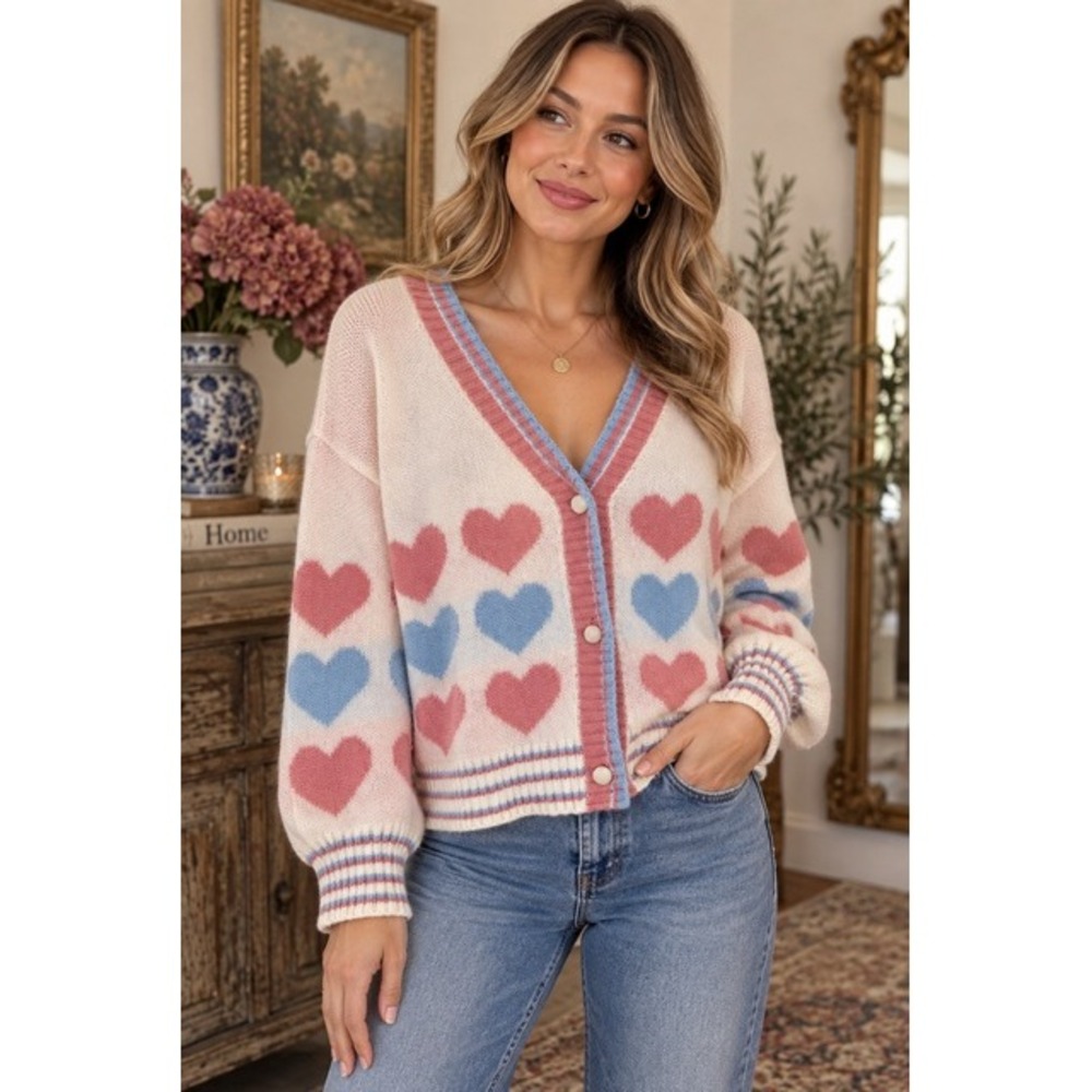 Women's Oversized Heart Print Cardigan Sweater Size XS Cozy Cottagecore